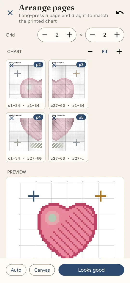 Arrange pages: four overlapping pages of an example heart chart with page labels and stitch ranges, glued into one seamless chart in the preview below