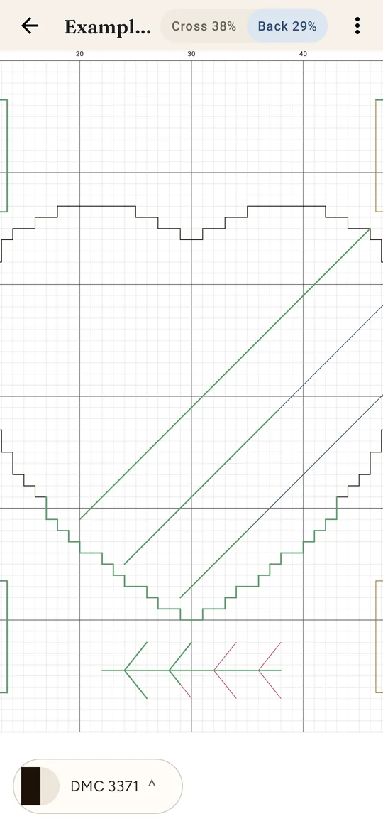 Backstitch tab of an example heart chart: finished lines in the done colour, some lines traced only partway, and the rest still to stitch