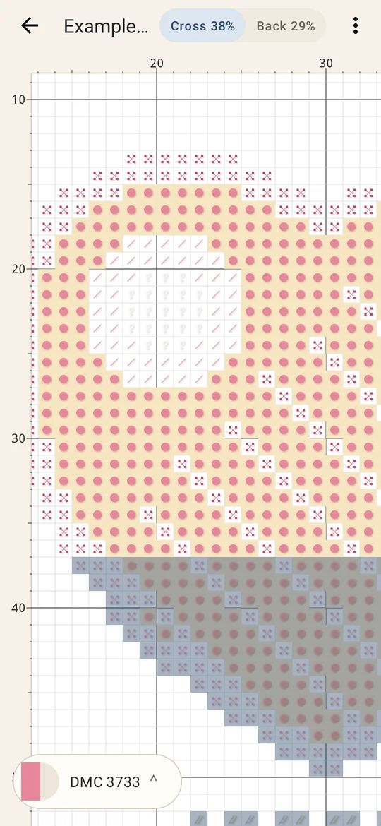 Example chart open in CrossLine with rulers, the Cross and Back tabs and a selected thread