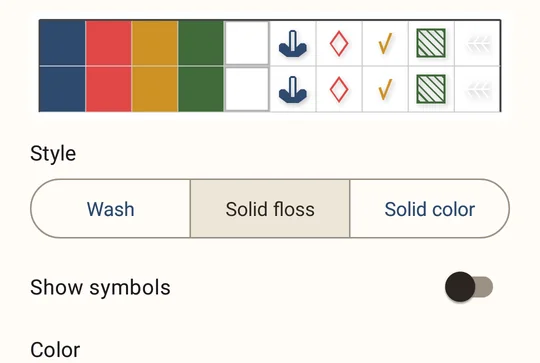 Done style options: Wash, Solid floss and Solid color, with Show symbols