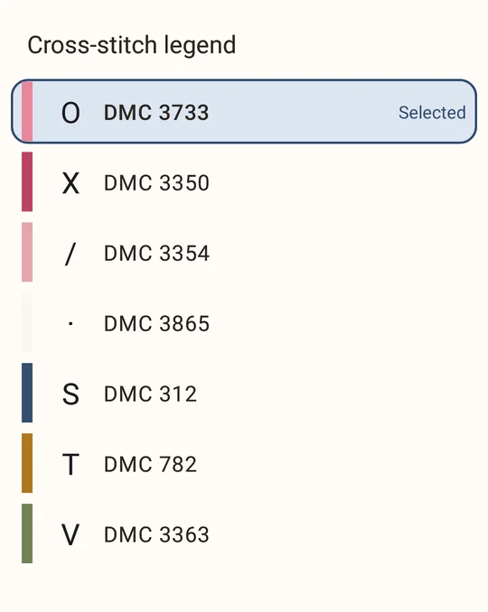 Cross-stitch legend with DMC 3733 first, marked Selected