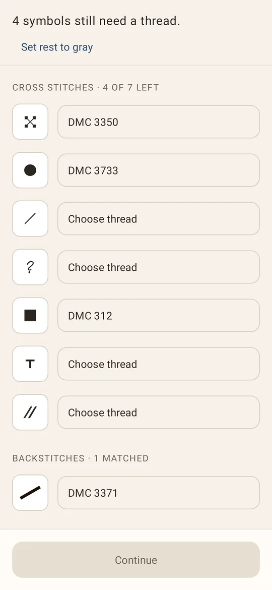 Match missing colours: cross stitch symbols, some matched to DMC threads and others showing Choose thread, plus a backstitch section