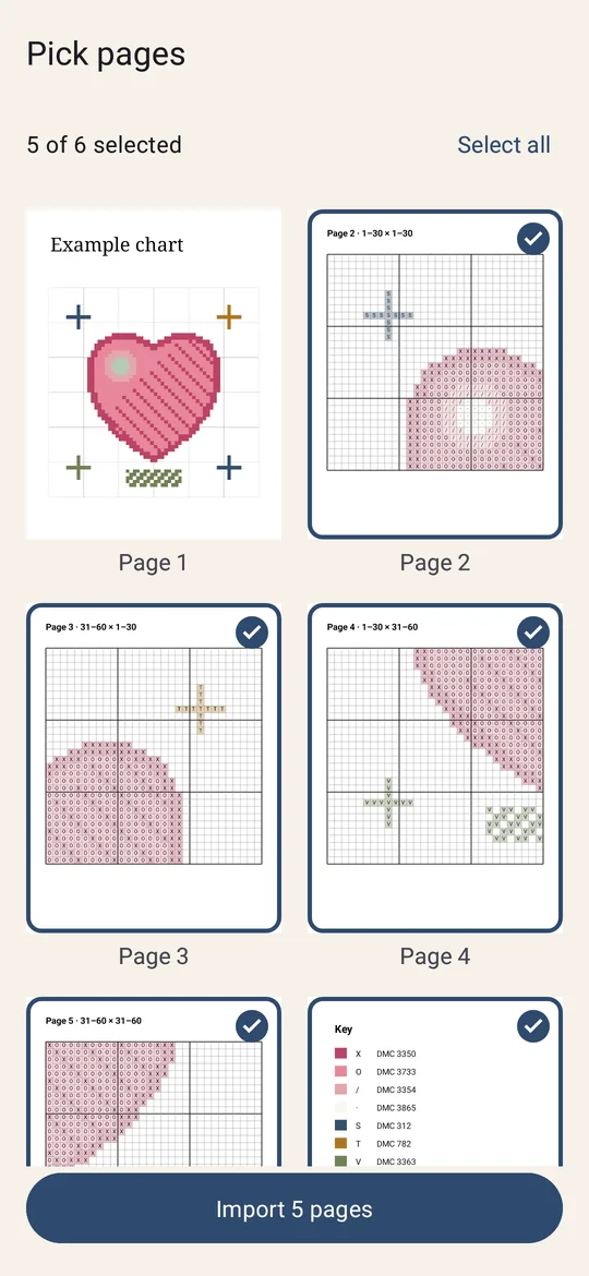 Pick pages: five of six pages of an example chart selected, with the Import 5 pages button
